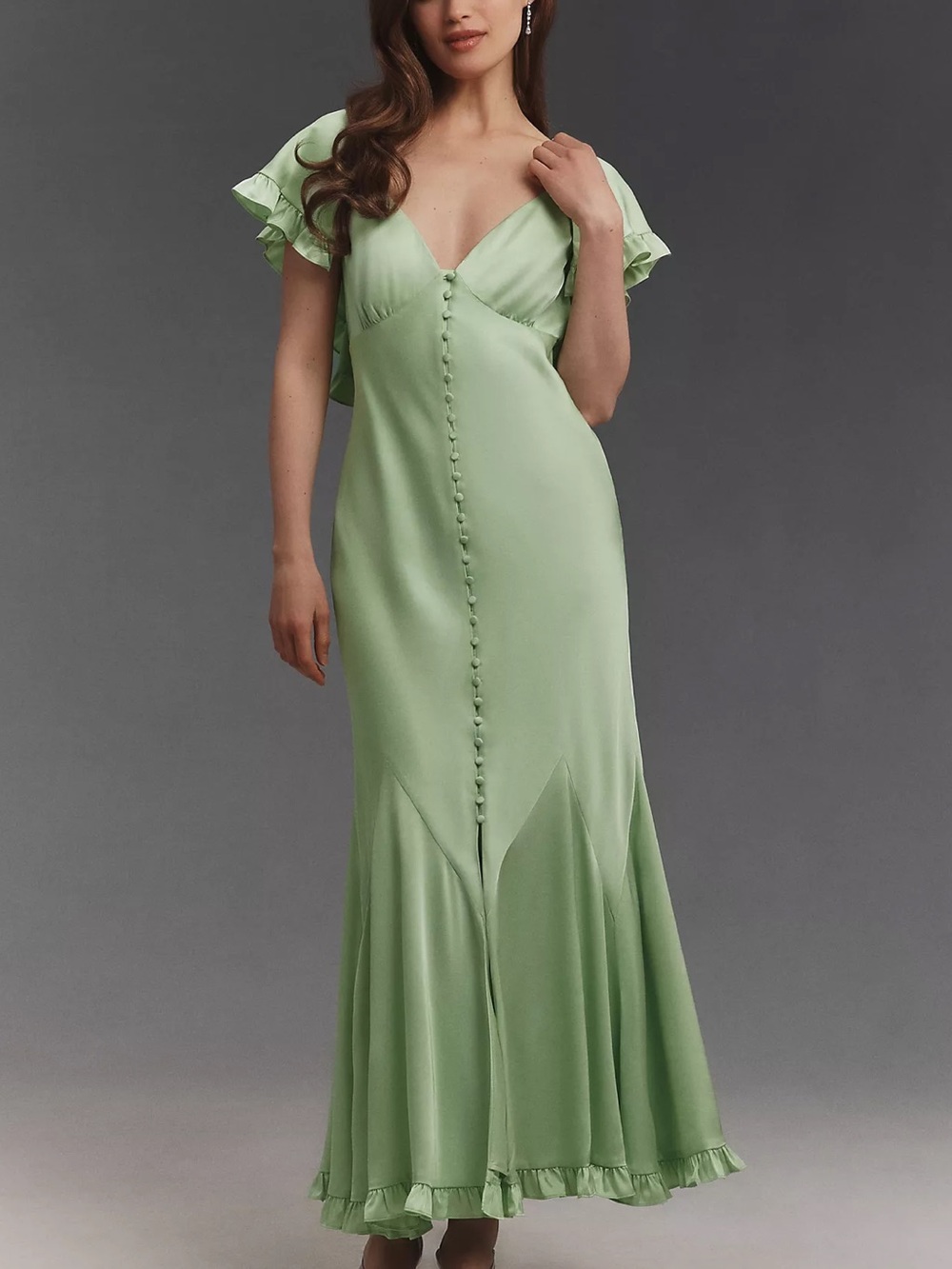 BHLDN Green V-Neck Flutter Sleeve Maxi Dress